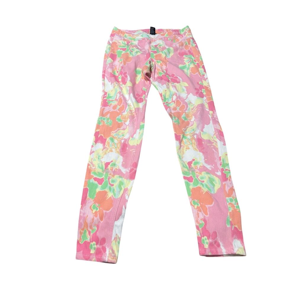 Hue M pastel floral legging elastic waist back pockets floral stretch euc